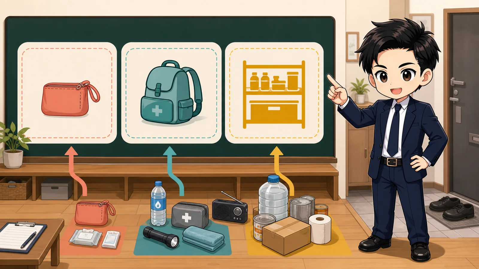 ざわ先生が一人暮らしの防災用品を持ち歩き・持ち出し・在宅備蓄に分けるイラスト