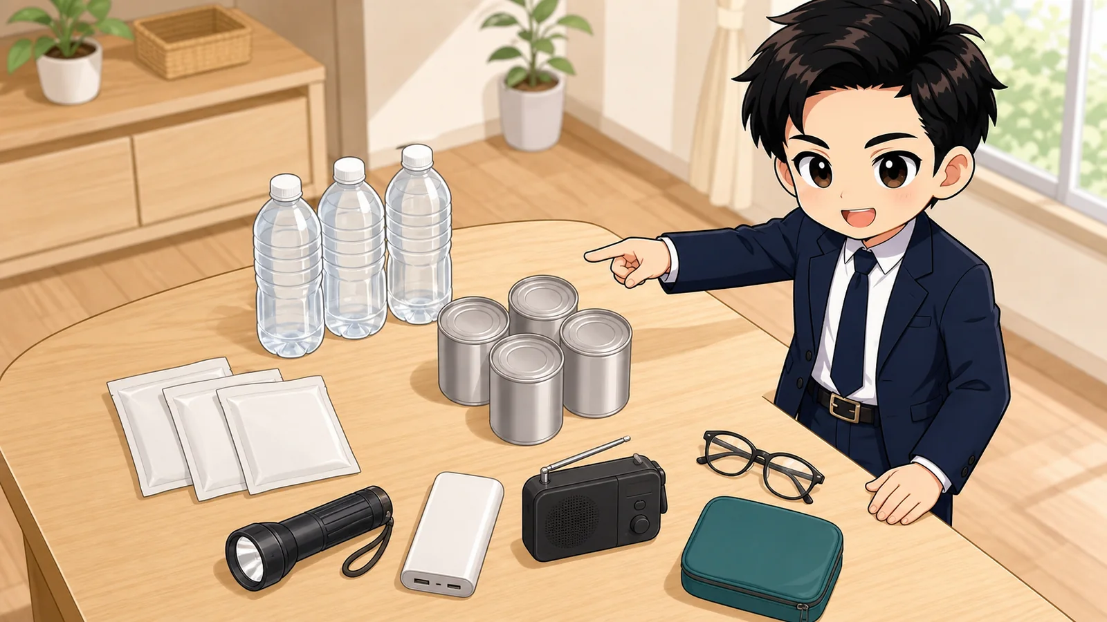 ざわ先生が水・食料・携帯トイレ・充電器・常備薬の防災グッズを確認するイラスト