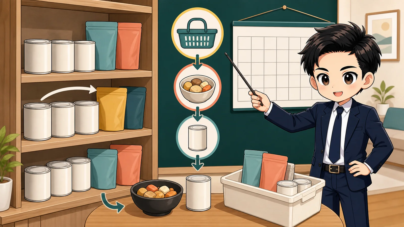ざわ先生が狭い部屋で食品を使って補充するローリングストックを説明するイラスト