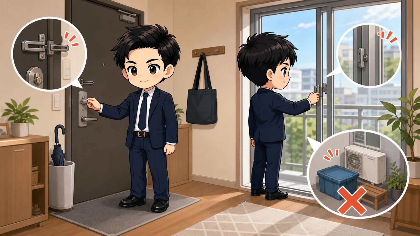 ざわ先生が一人暮らしの玄関と窓の戸締まりを点検するイラスト