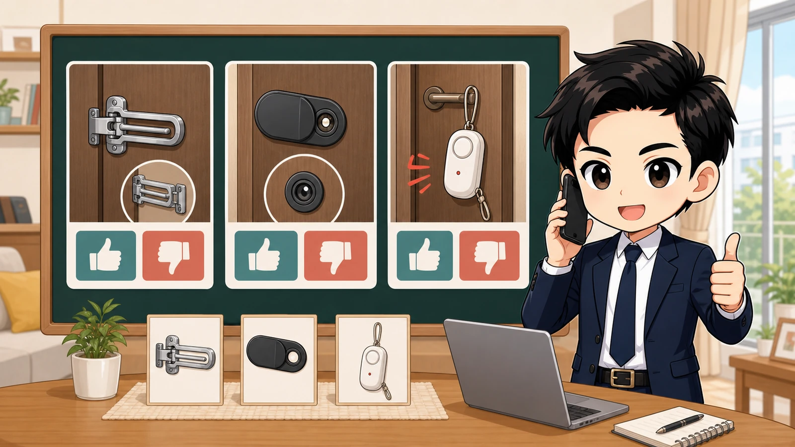 ざわ先生が賃貸で追加できる防犯器具を管理会社へ確認するイラスト