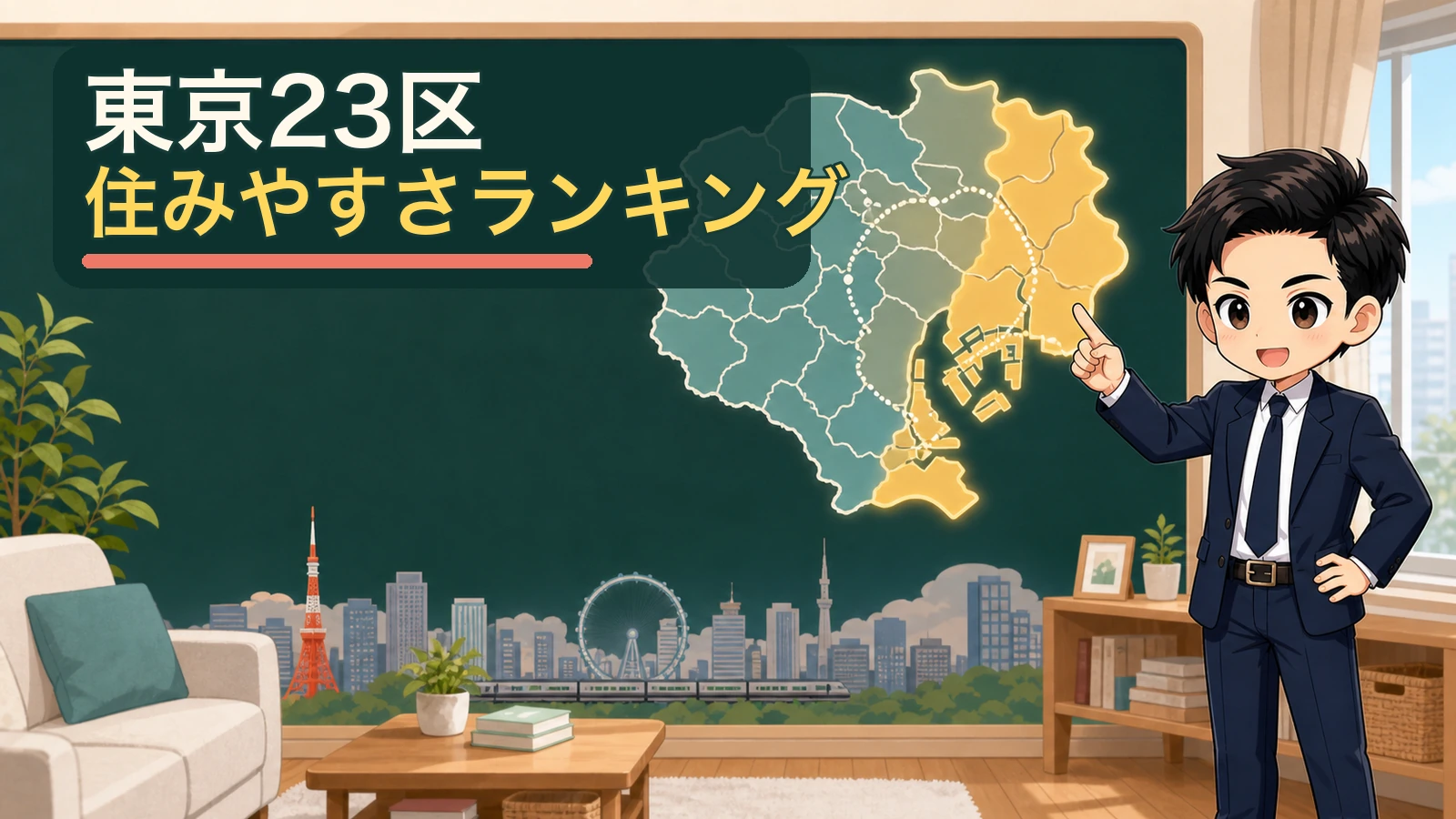 ざわ先生が東京23区の地図を指して住みやすい区を案内するイラスト