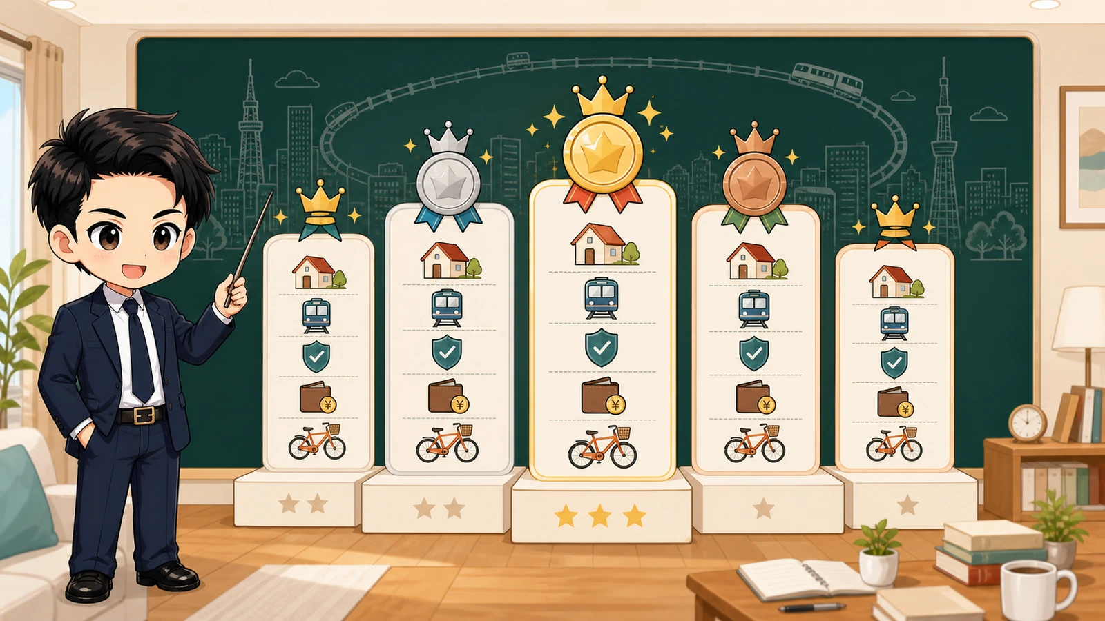 ざわ先生が東京23区の住みやすい区TOP5を星で比較するイラスト