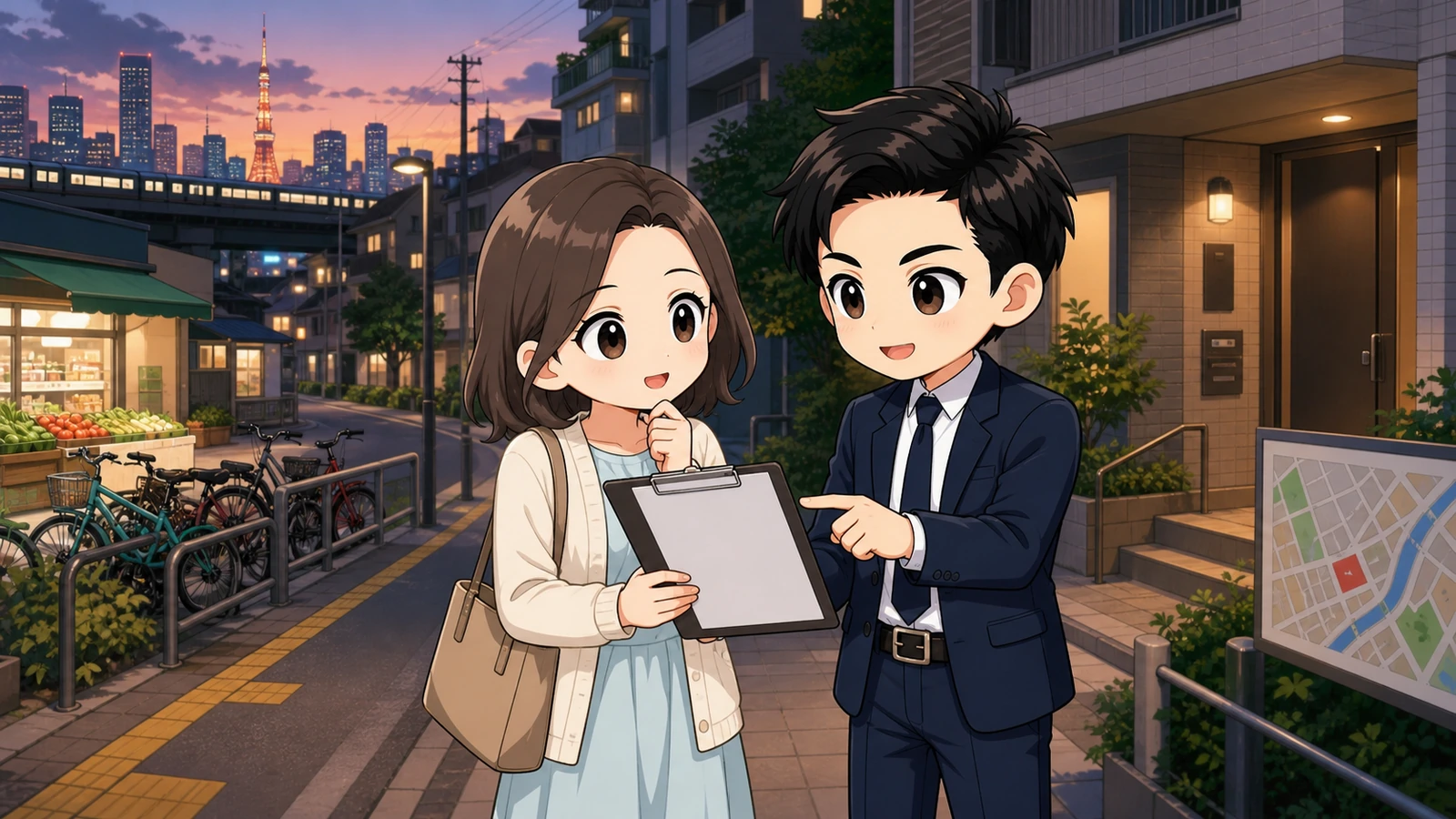 ざわ先生と入居希望者が東京23区の駅から物件までの夜道を確認するイラスト