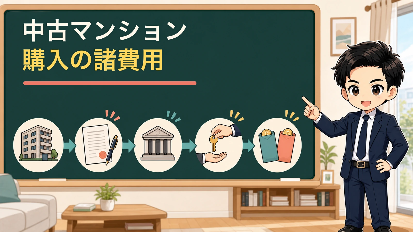 ざわ先生が中古マンション購入の諸費用と支払時期を案内するイラスト