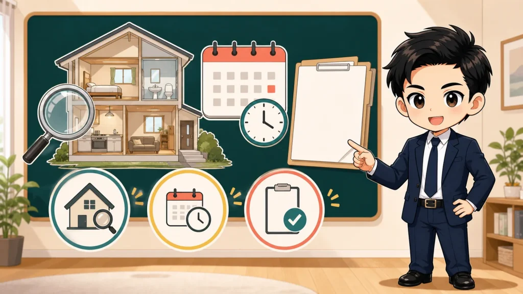 ざわ先生が中古住宅のインスペクションの範囲・時期・注意点を案内するイラスト