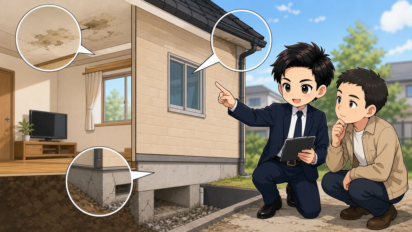 ざわ先生が中古住宅の建物状況調査で分かる範囲と対象外を説明するイラスト