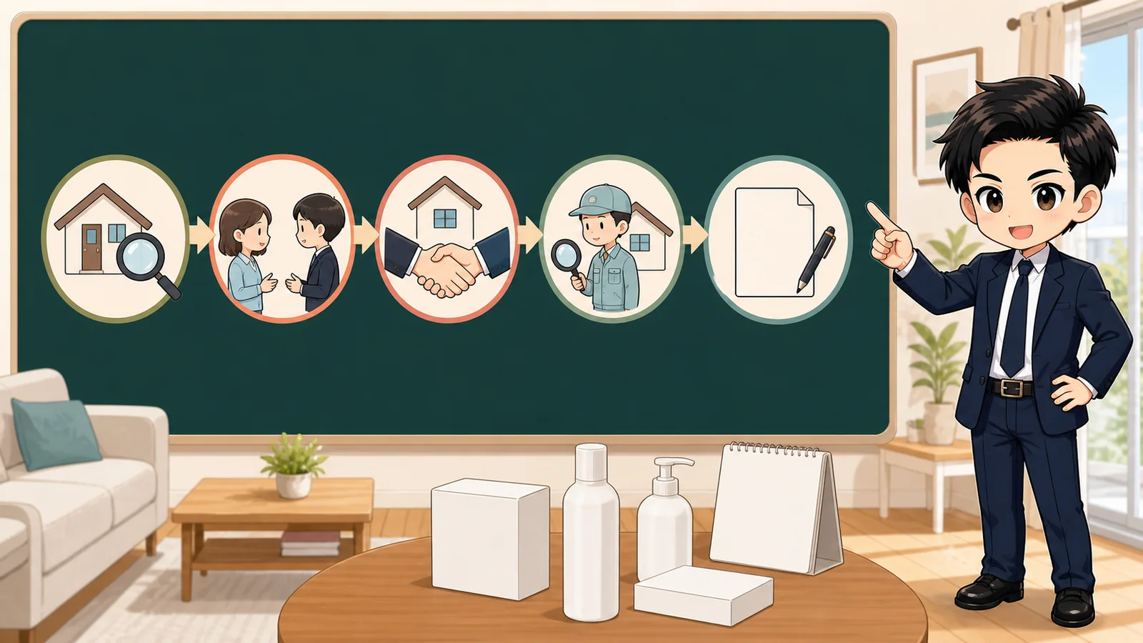 ざわ先生が中古住宅購入の申込みから売買契約前までの調査時期を案内するイラスト