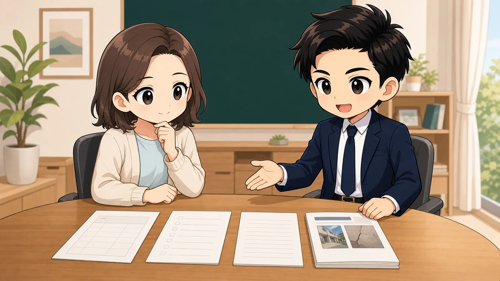 ざわ先生がインスペクションの依頼先・費用・報告書を確認するイラスト