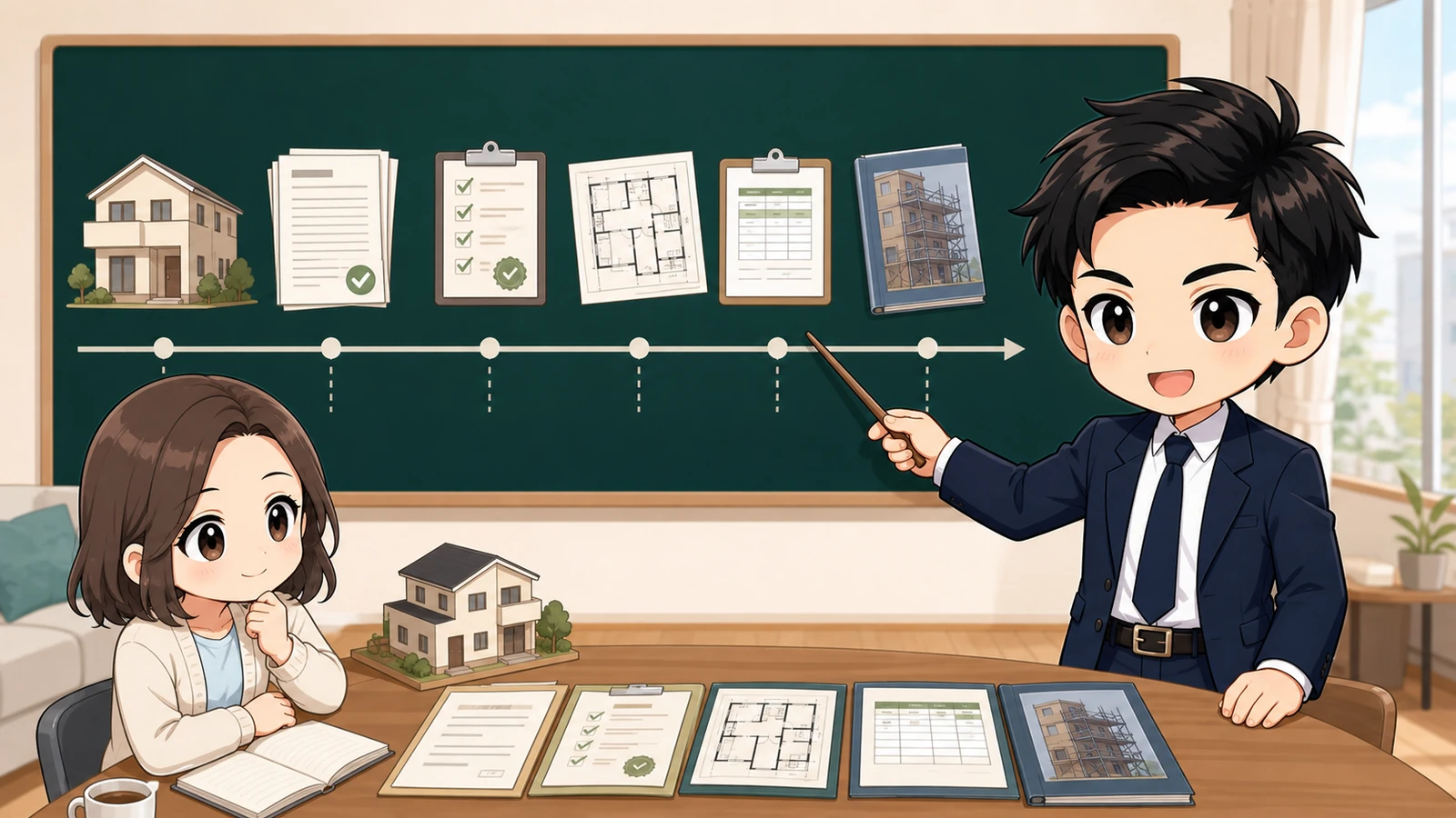 ざわ先生が中古戸建ての築年・建築確認・検査済証を確認するイラスト