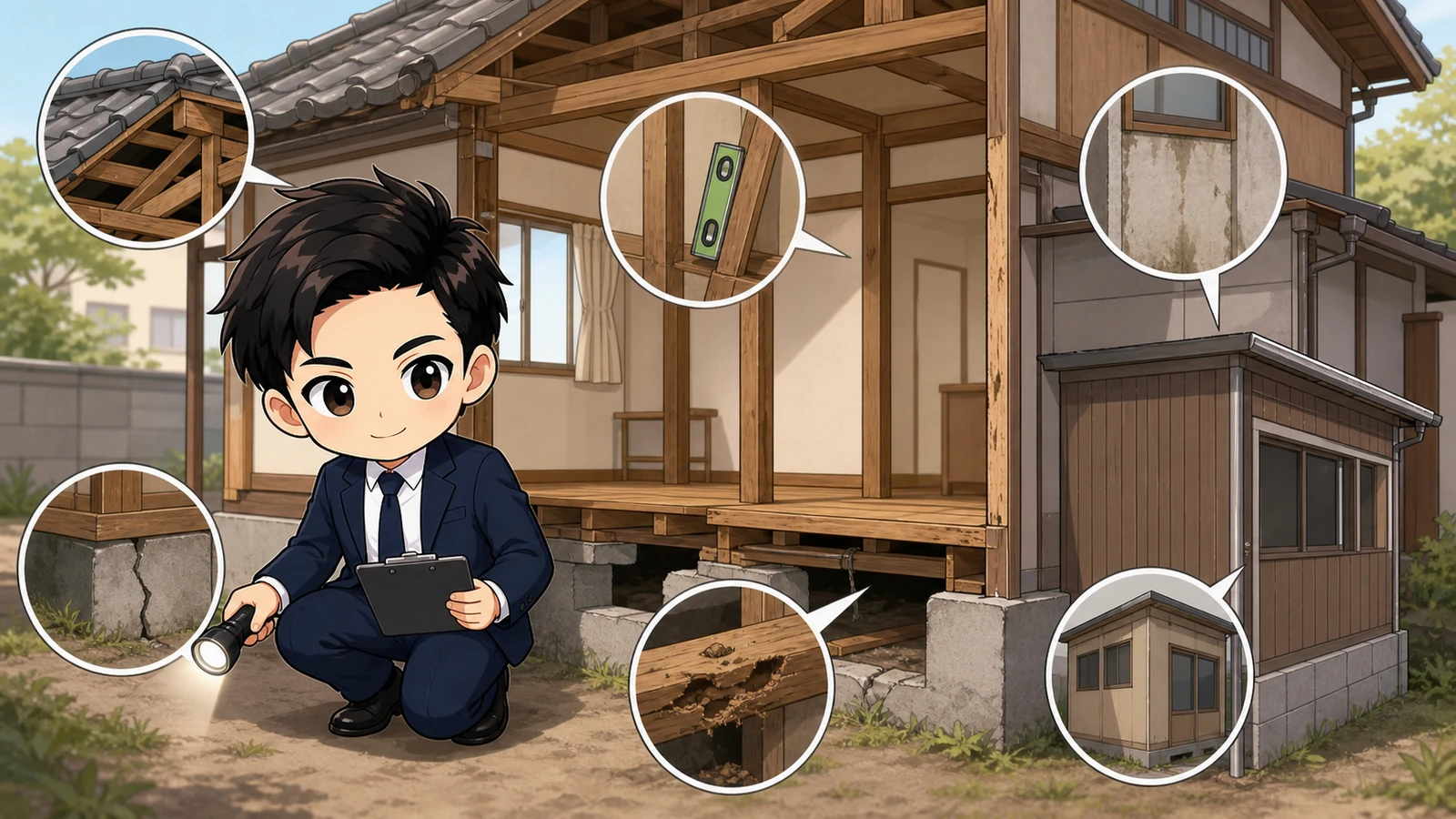 ざわ先生が中古戸建ての劣化・増改築・修繕履歴を現地で照合するイラスト
