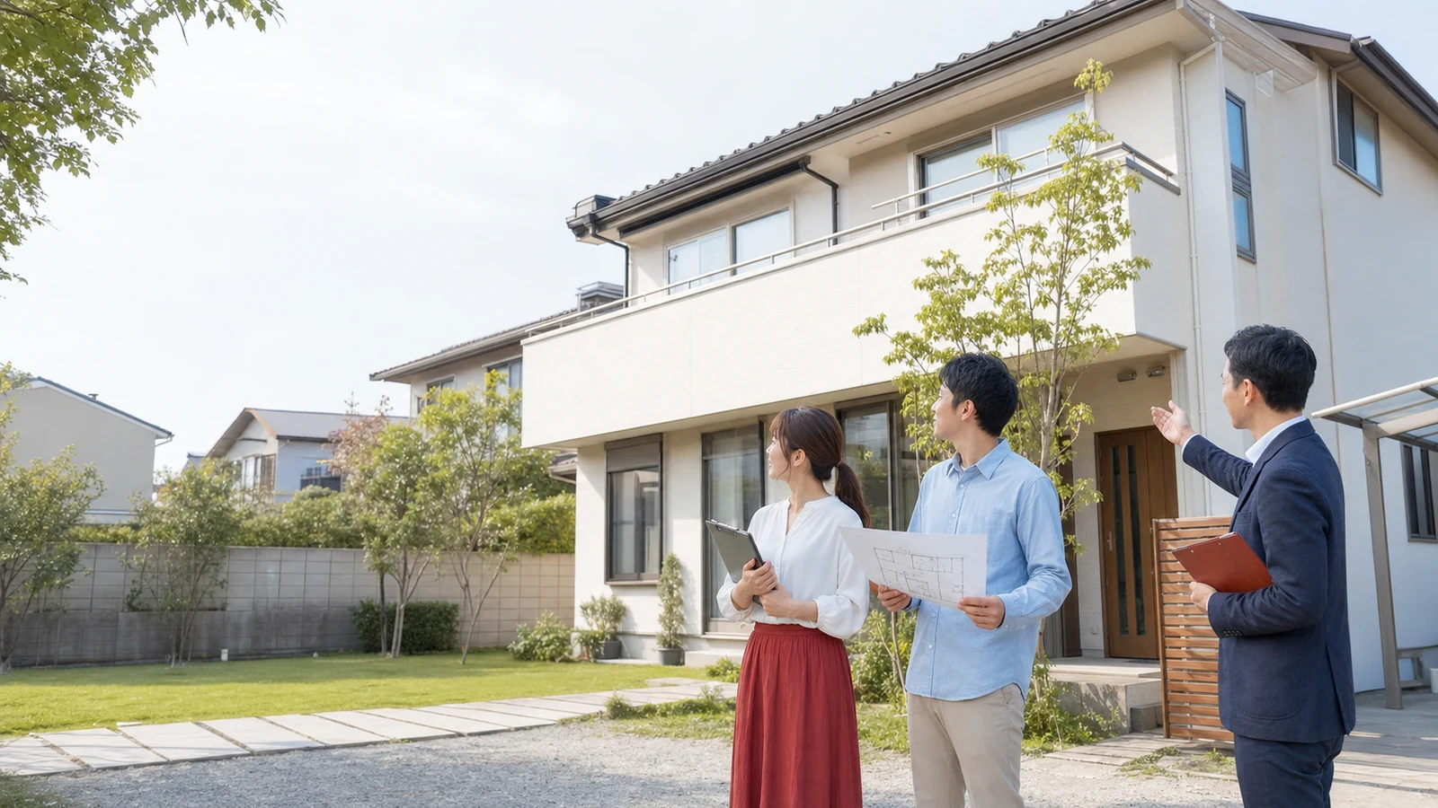 中古戸建ての外観を図面とチェック表で確認する購入検討者