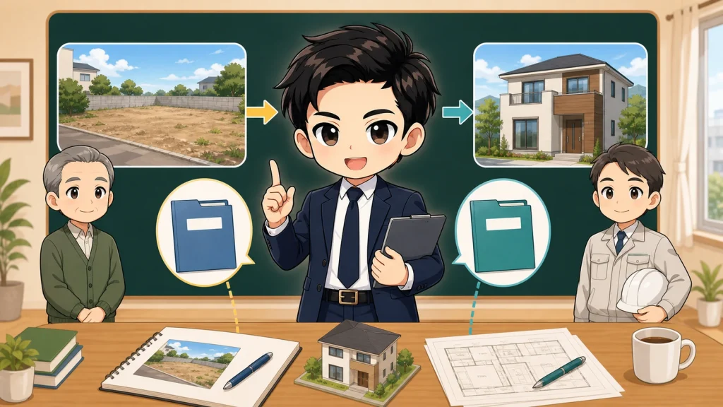 ざわ先生が建築条件付き土地の二つの契約を説明するイラスト