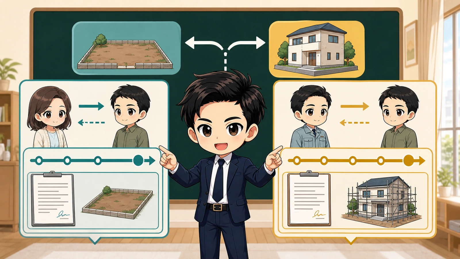 ざわ先生が土地売買契約と建築請負契約を分けて示すイラスト