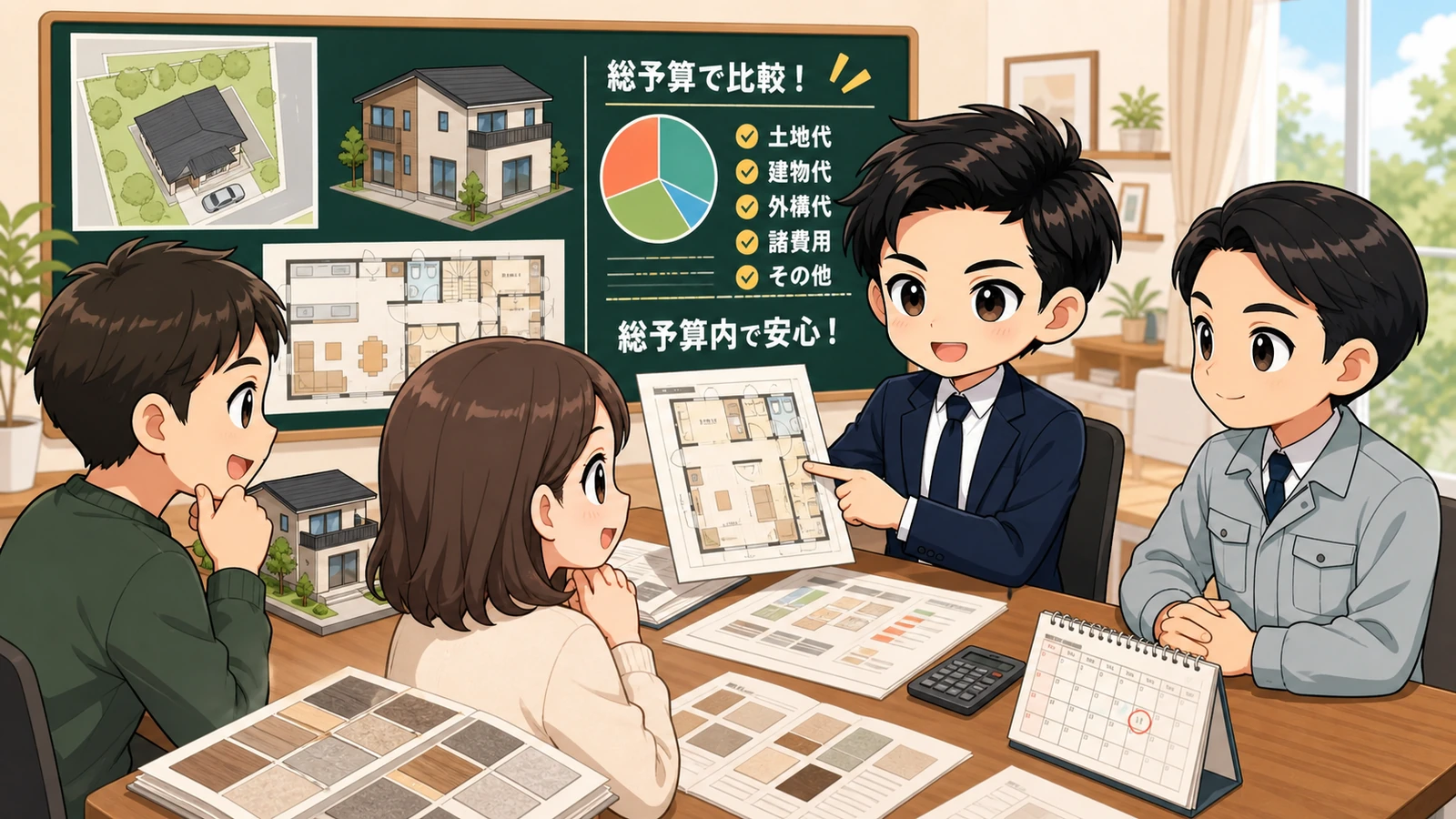 ざわ先生が指定施工会社と間取り・仕様・総額を比較するイラスト