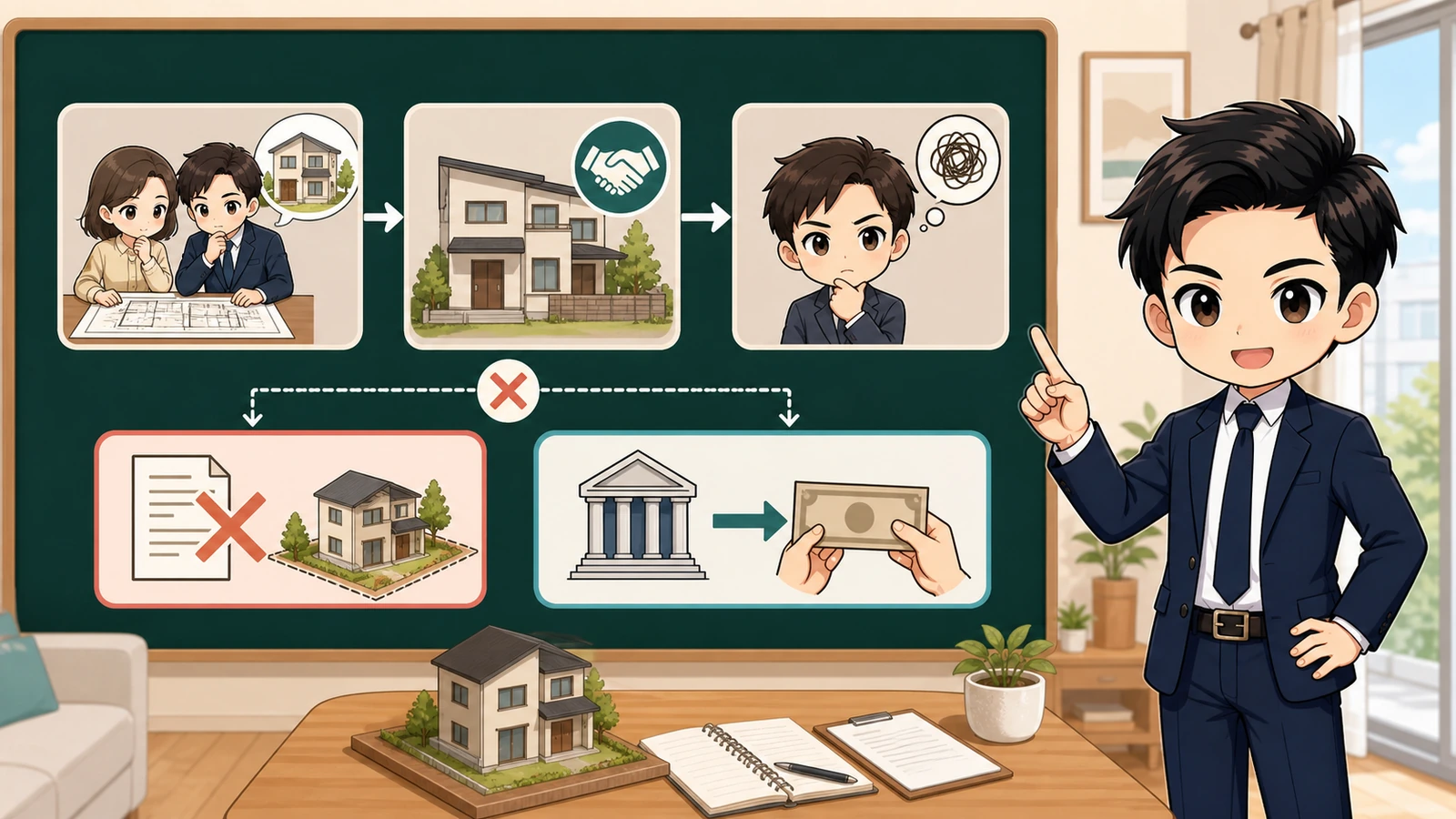 ざわ先生が請負不成立時の白紙解除と手付金返還を確認するイラスト