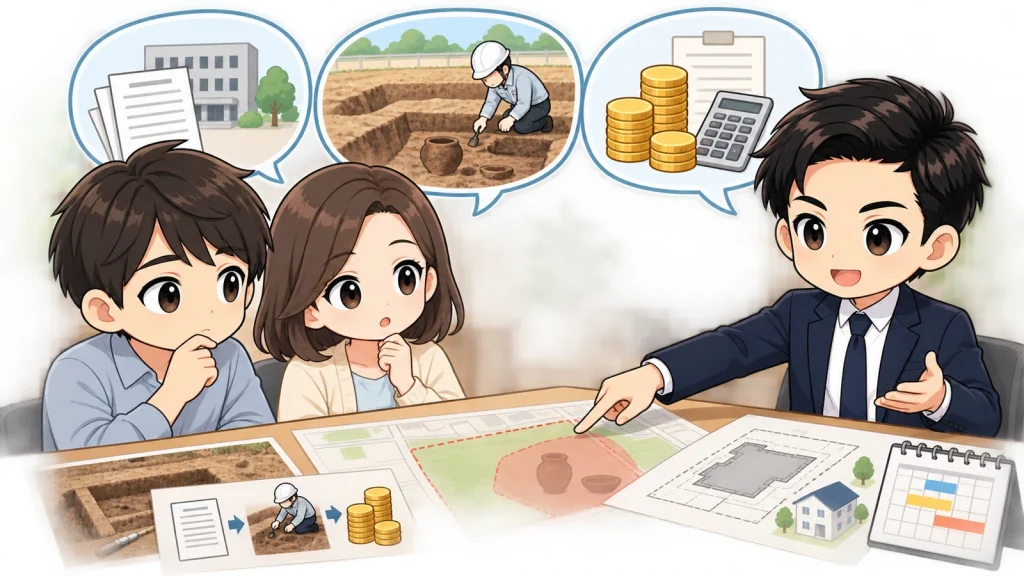 ざわ先生が埋蔵文化財包蔵地の土地購入で区域照会・試掘・発掘・建築計画を説明するイラスト