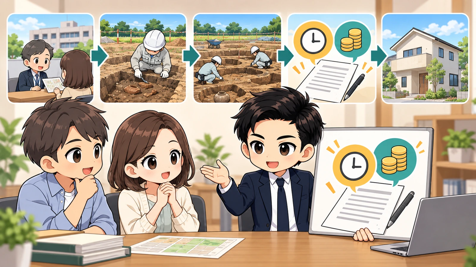 ざわ先生が試掘・本発掘・工期・費用負担・売買契約条件を時系列で整理する図解