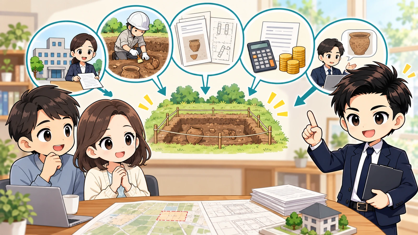 ざわ先生が「埋蔵文化財包蔵地の土地を買う前の注意点|届出・調査・費用を確認」の確認ポイントをまとめるイラスト