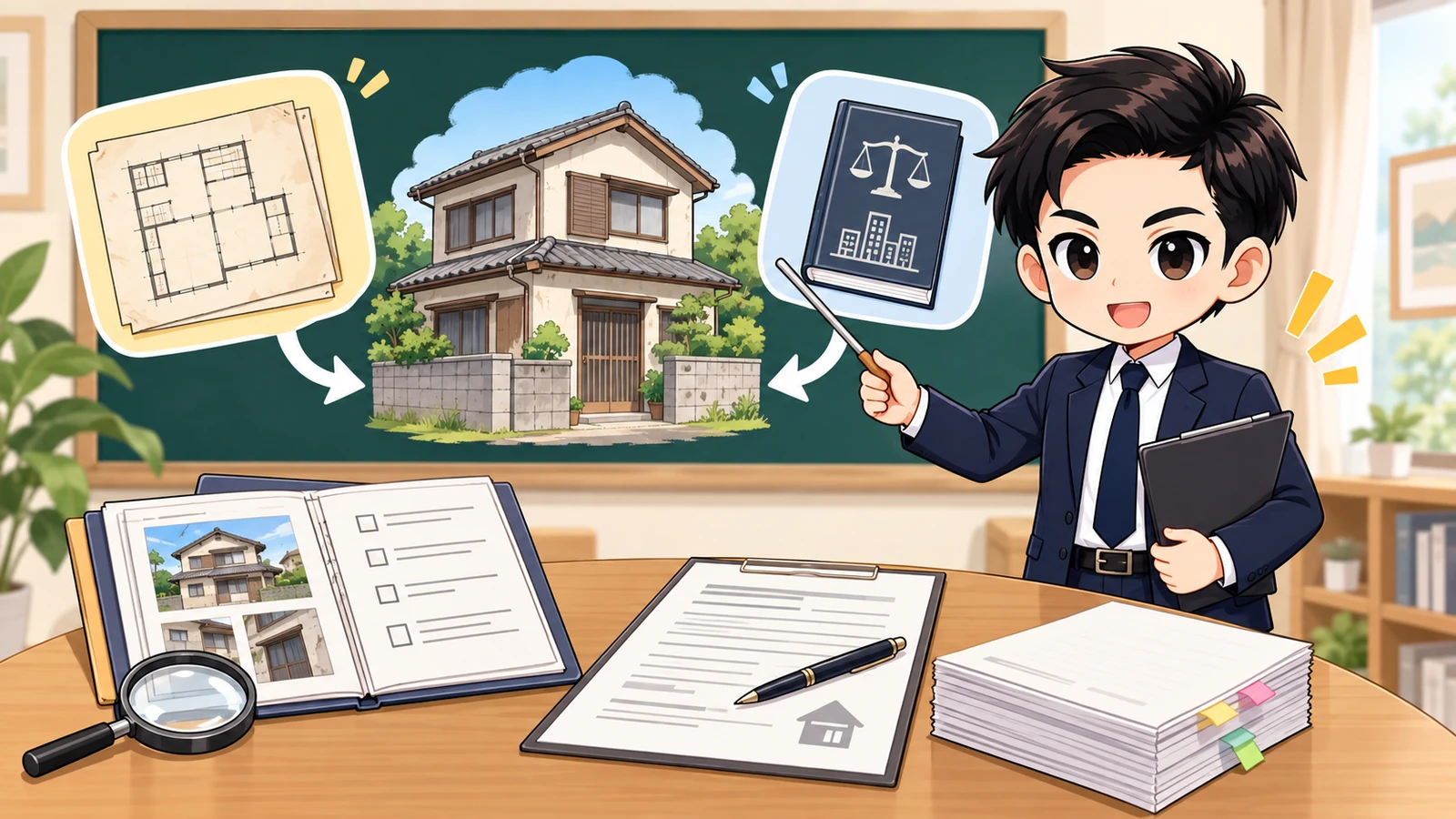 ざわ先生が既存不適格住宅の購入前確認を建物資料と契約書で説明するイラスト