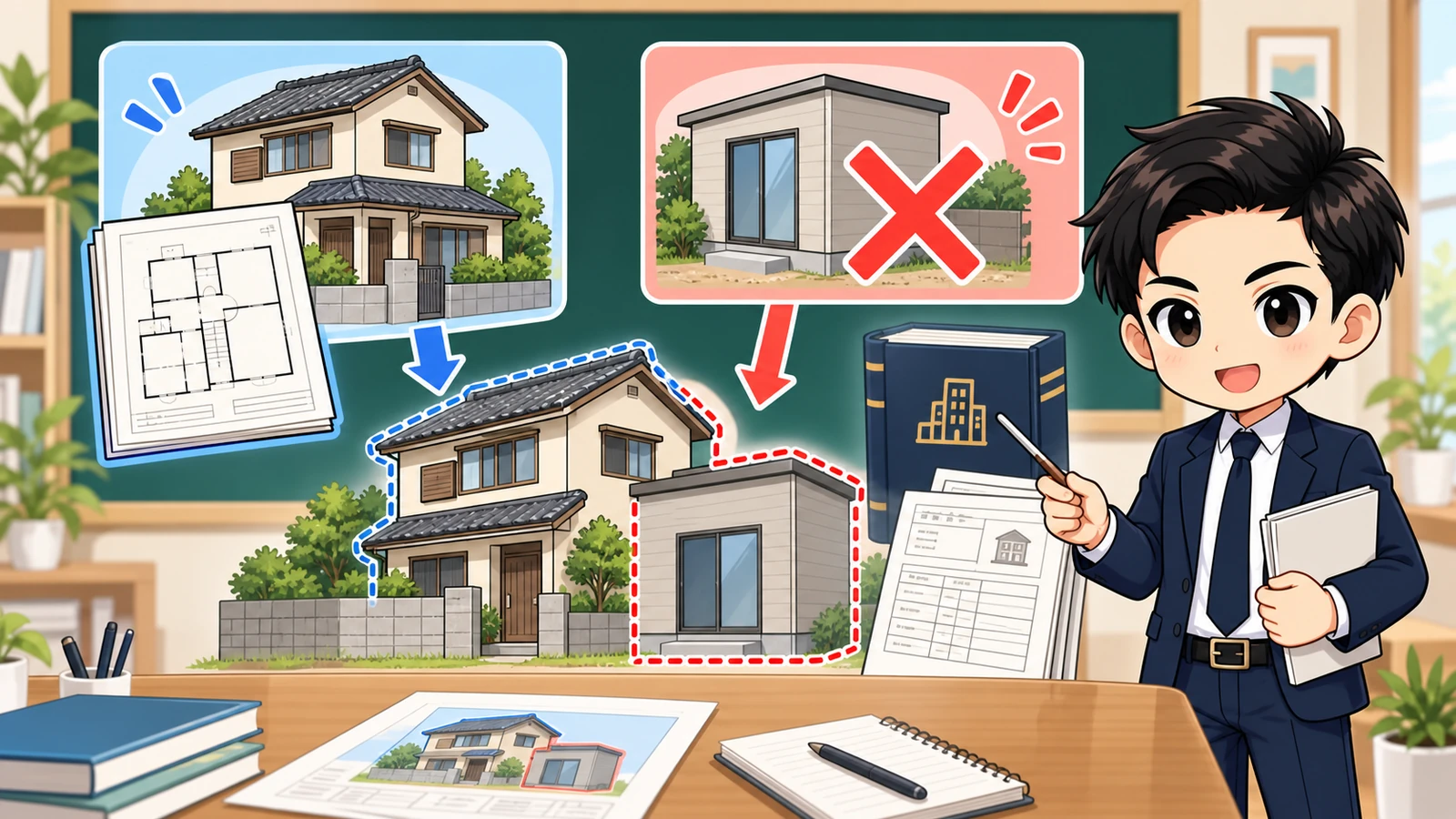 ざわ先生が建築当時の適法資料と現在基準を並べて既存不適格と違反建築を区別する図解