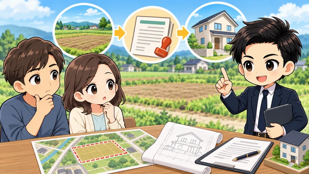 ざわ先生が農地購入で農地転用・建築可否・契約条件を確認する順番を説明するイラスト