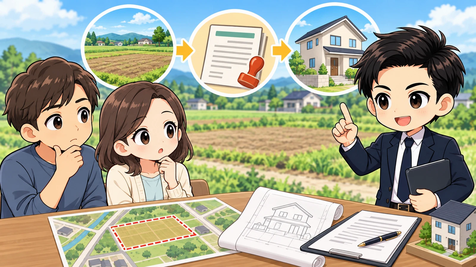 ざわ先生が農地購入で農地転用・建築可否・契約条件を確認する順番を説明するイラスト