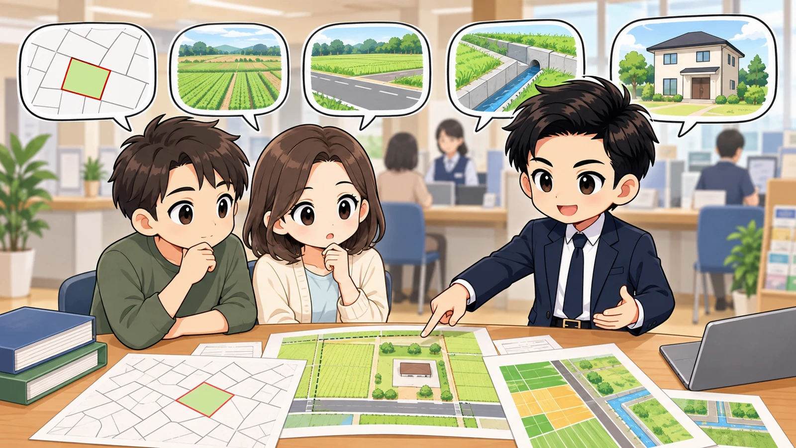 ざわ先生が農地の地番・農地区分・農振区域・接道・排水・建築計画を照合する図解