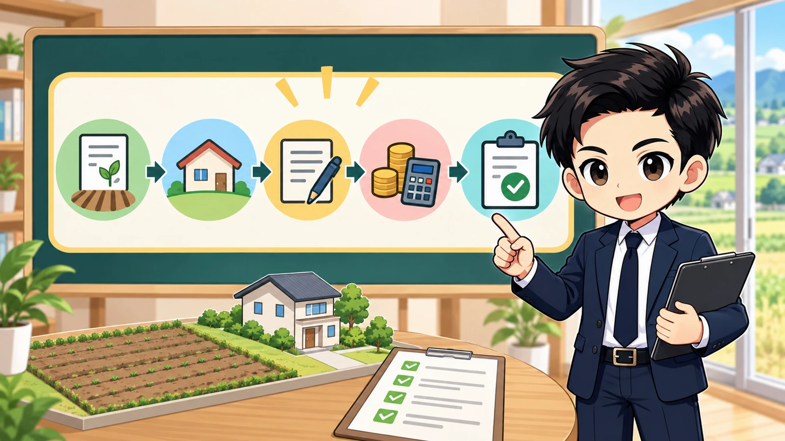 ざわ先生が「農地を買って家を建てる前の注意点|農地転用と契約条件を確認」の確認ポイントをまとめるイラスト
