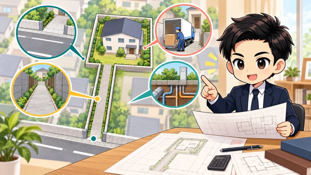 ざわ先生が旗竿地の接道、細い通路、建築計画と購入判断を説明するイラスト