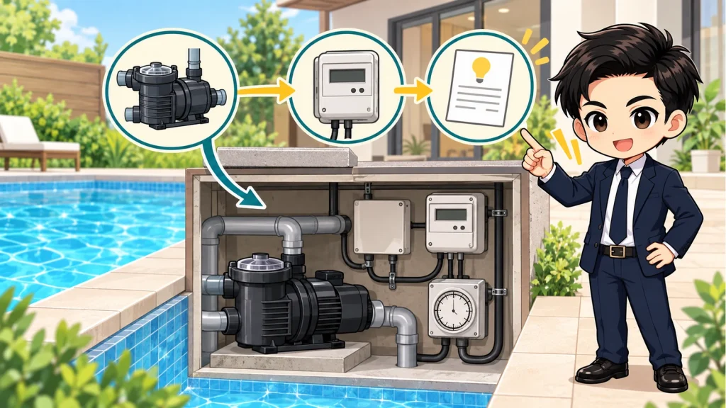 ざわ先生が施工型自宅プールの循環ポンプ電気代を消費電力・運転時間・料金単価から説明するイラスト