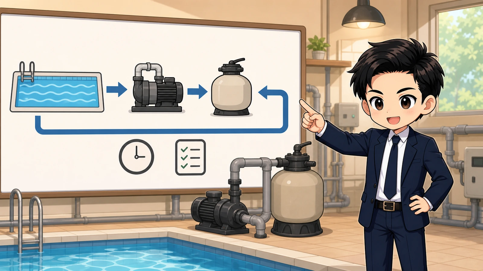 ざわ先生が自宅プールの水量と循環ポンプ能力から基準時間を考えるイラスト