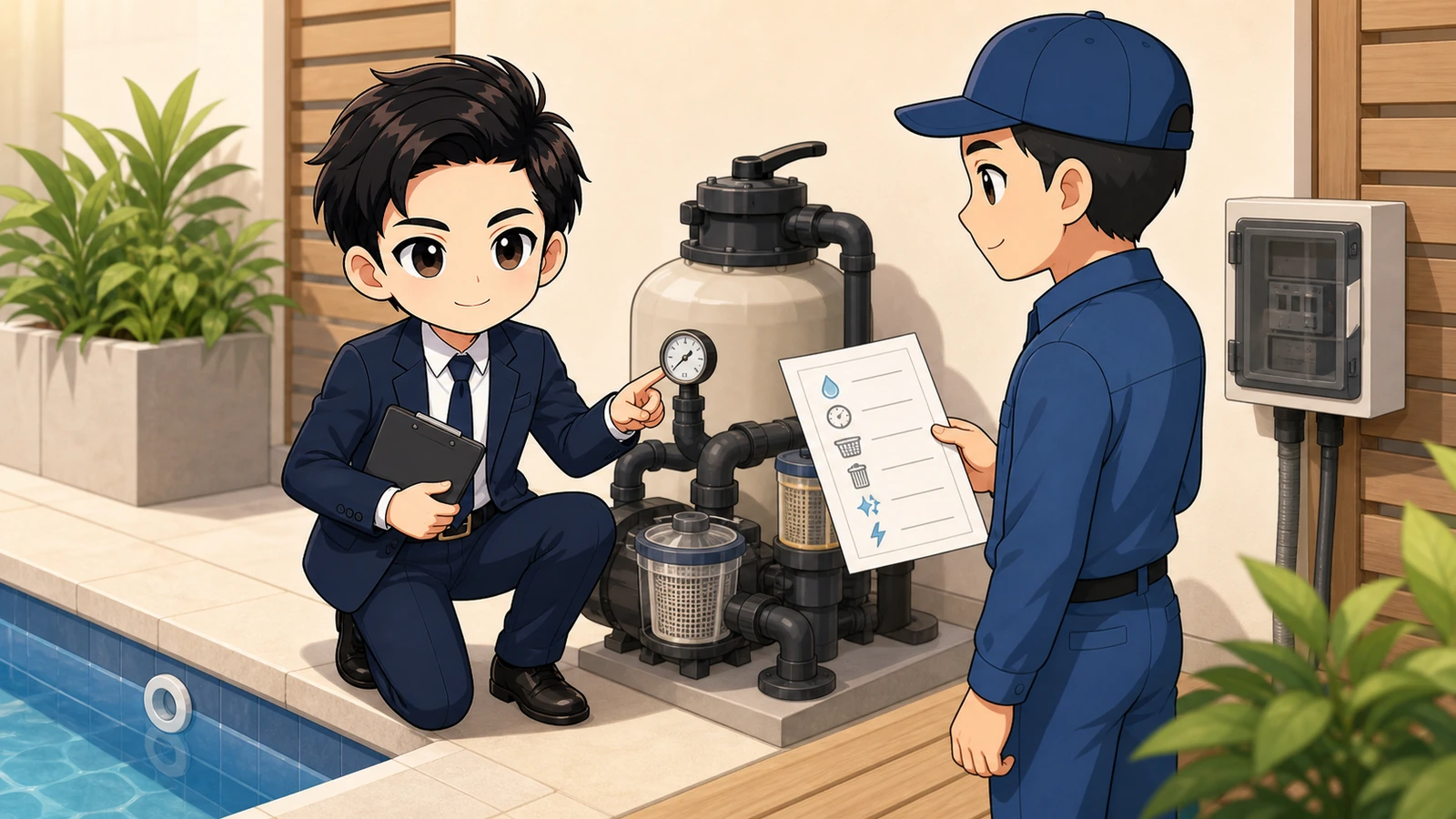 ざわ先生が自宅プールの運転記録を設備技術者と見直すイラスト