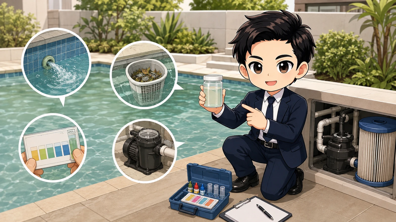 ざわ先生が施工型・固定式・常設型の自宅プールの水の濁りを診断するイラスト
