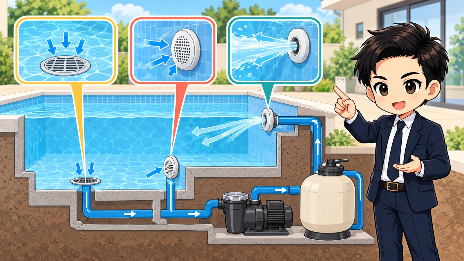 ざわ先生が常設プールの排水口、循環吸込口、吐出口を設備図で区別する図解