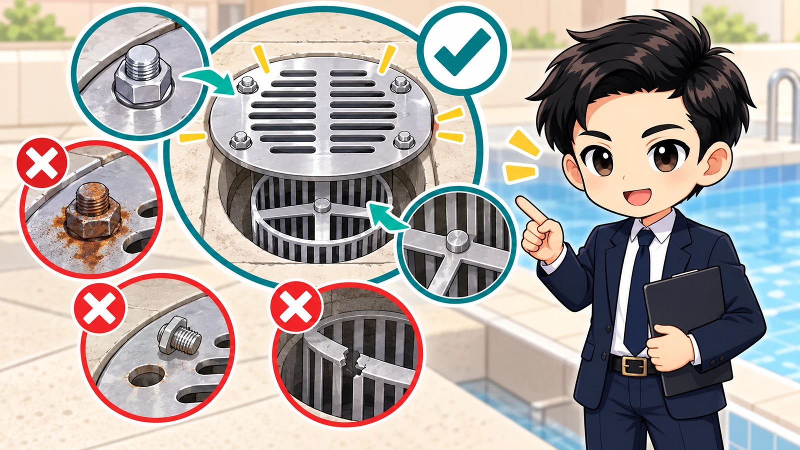 ざわ先生がプールの固定蓋と吸込み防止金具の二重構造を点検する場面