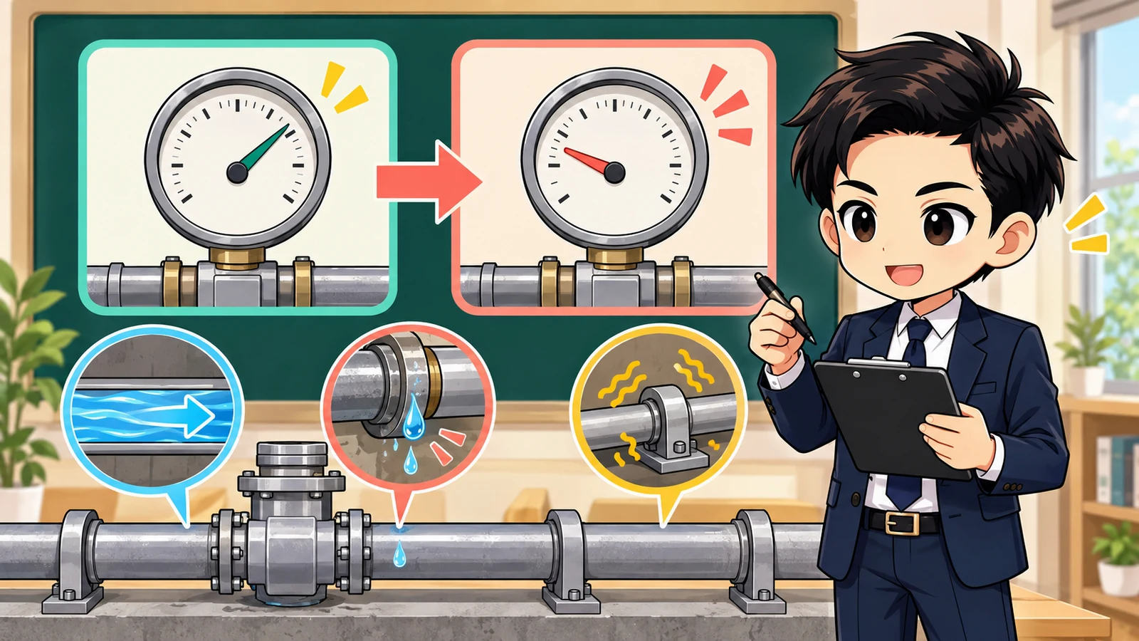 ざわ先生が常設プールのろ過器圧力計と清掃直後の基準値を比較する図解