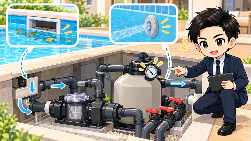 ざわ先生が施工型自宅プールの低いろ過器圧力を水位・吸込経路・ポンプで説明するイラスト