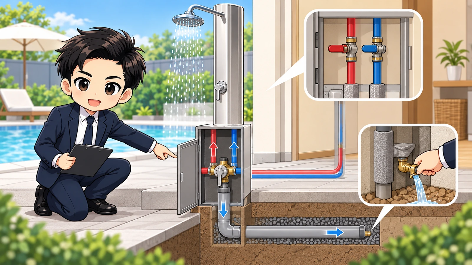 ざわ先生が屋外シャワーの給湯・排水・止水弁・冬季水抜きを設備図で確認する図解