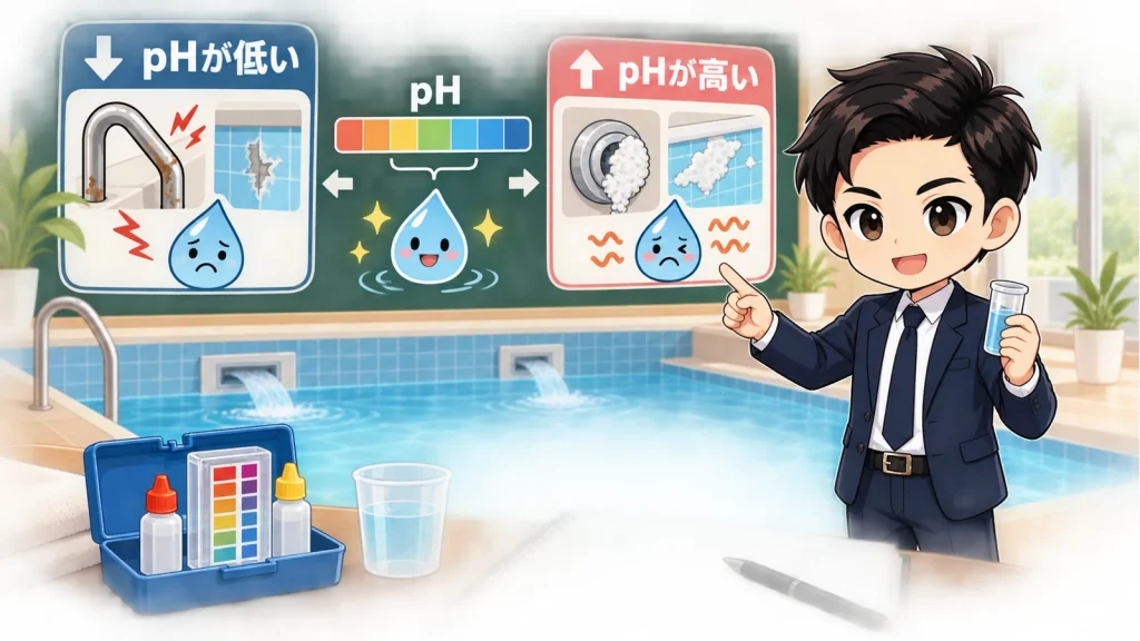 ざわ先生が施工型自宅プールのpH高低を測定器・補給水・循環設備で説明するイラスト