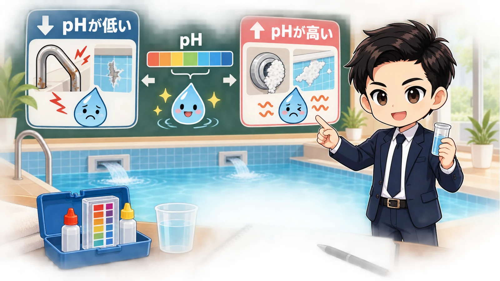 ざわ先生が施工型自宅プールのpH高低を測定器・補給水・循環設備で説明するイラスト