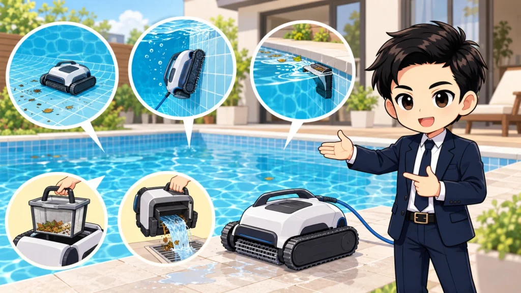 ざわ先生が施工型・固定式・常設型の自宅プール用清掃ロボットの選び方を説明するイラスト