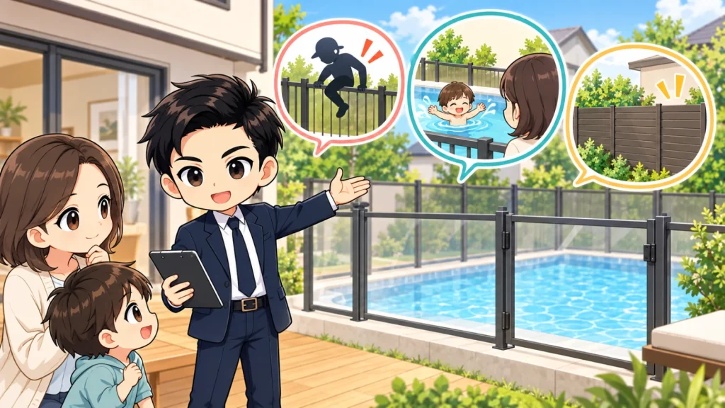 ざわ先生が常設住宅プールの安全フェンスとゲートの設計を説明するイラスト
