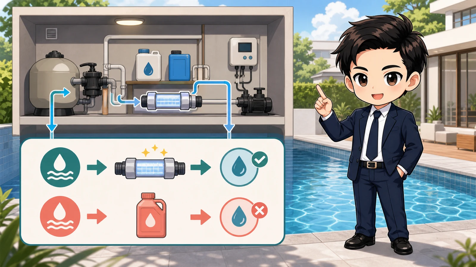 ざわ先生が自宅プールの塩水塩素発生器の仕組みを説明するイラスト