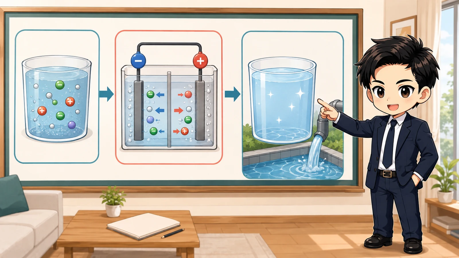 ざわ先生が塩水から塩素を生成して循環させる流れを示すイラスト