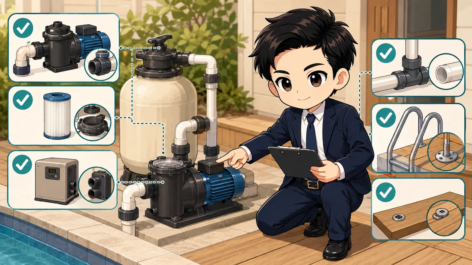 ざわ先生が配管・ヒーター・金属部品と塩水設備の適合を確認するイラスト