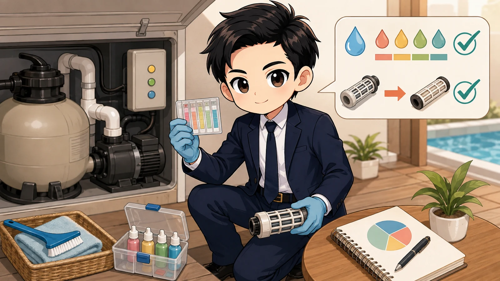 ざわ先生が水質測定と電解セル点検の保守計画を確認するイラスト