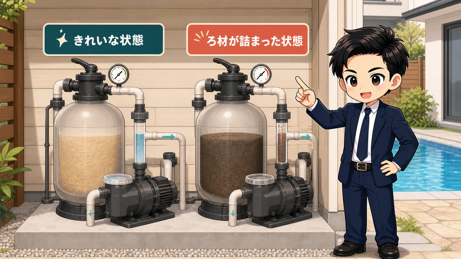ざわ先生が固定式自宅プールの砂ろ過器の逆洗判断を説明するイラスト