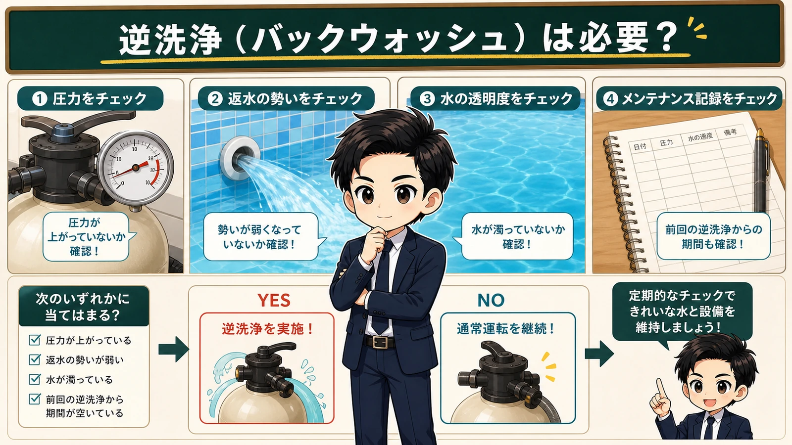 ざわ先生が砂ろ過器の圧力計と吐出口の流量を確認するイラスト