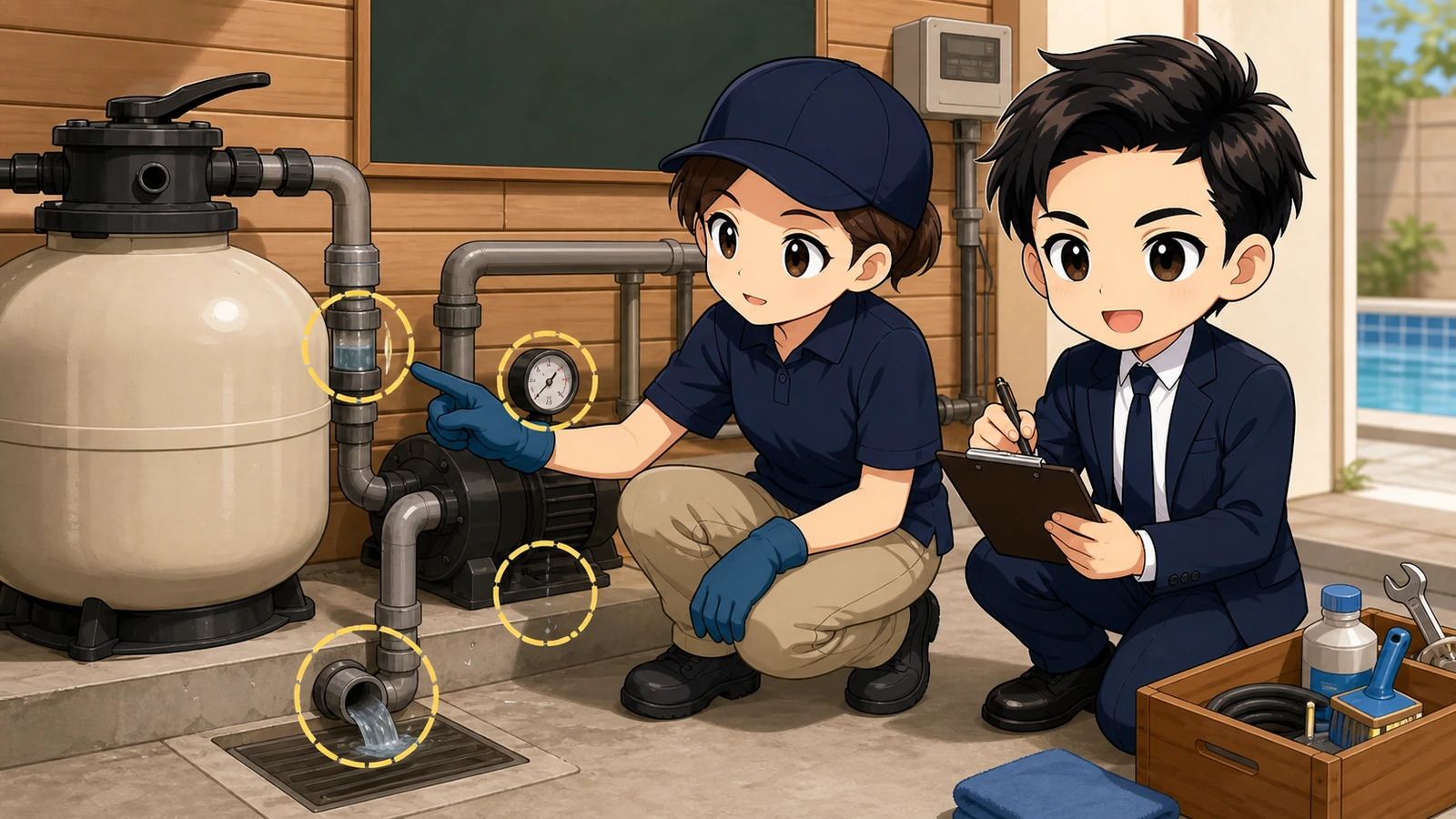 ざわ先生が逆洗排水と運転記録を設備担当者と確認するイラスト